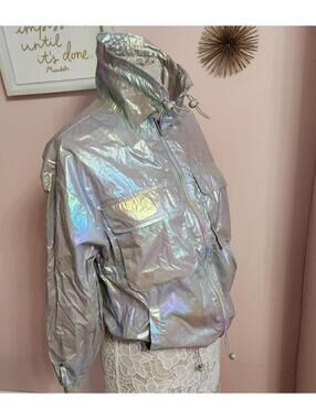 Melograno Rico Metallic Iridescent Rain Jacket Windbreaker Silver Size S
